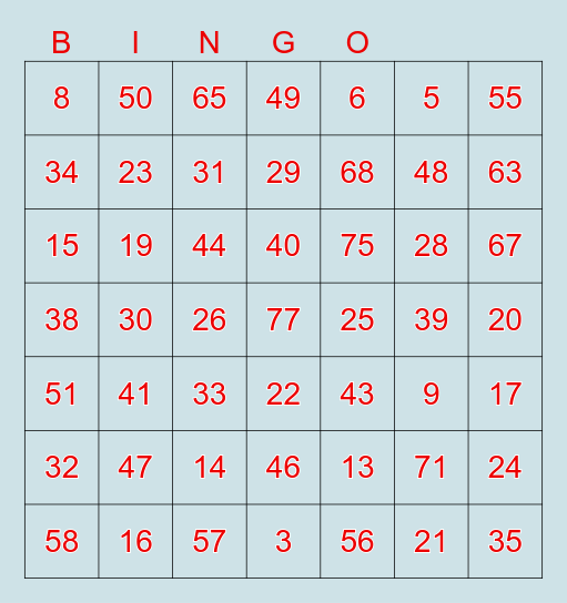 Number Bingo Card