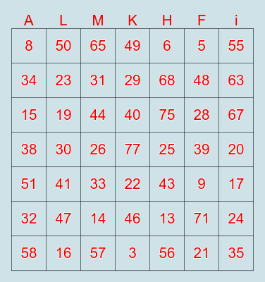 Number Bingo Card