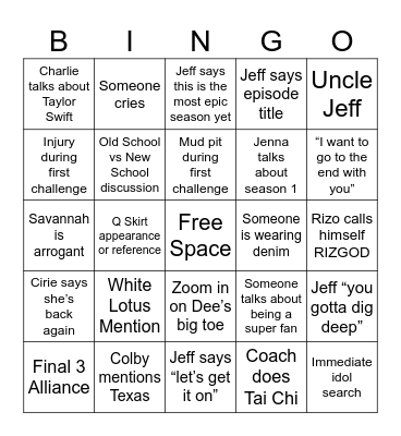 Survivor 50 Bingo Card