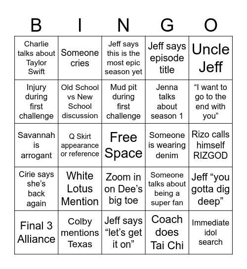 Survivor 50 Bingo Card
