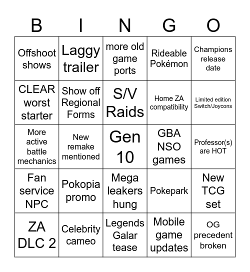 Pokémon Day Bingo Card