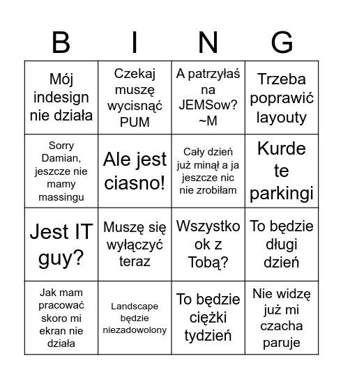 Pracka Bingo Card
