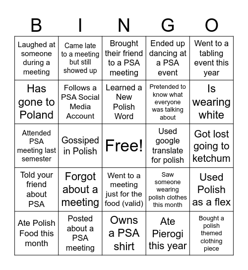 PSA BINGO Card