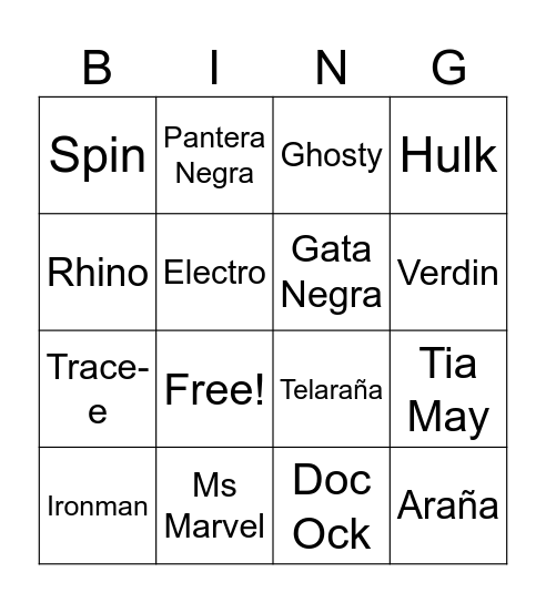 Spidey Bingo Card