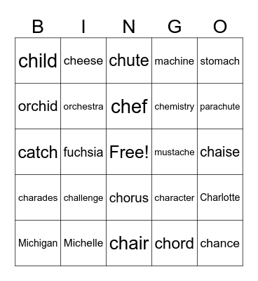 Three Sounds of ch Bingo Card
