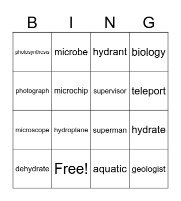 Root Word Bingo Card