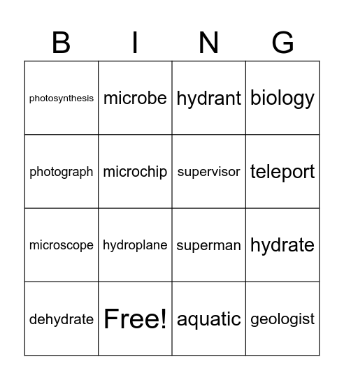 Root Word Bingo Card