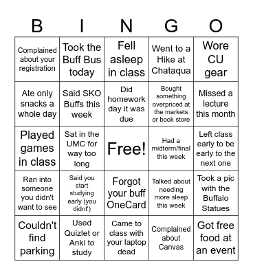 CU Boulder Bingo Card