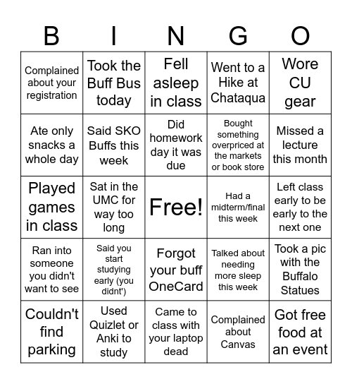 CU Boulder Bingo Card