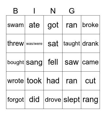 Irregular Verbs Bingo Card