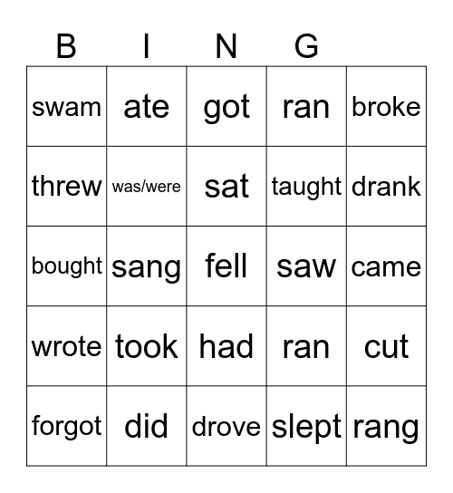 Irregular Verbs Bingo Card
