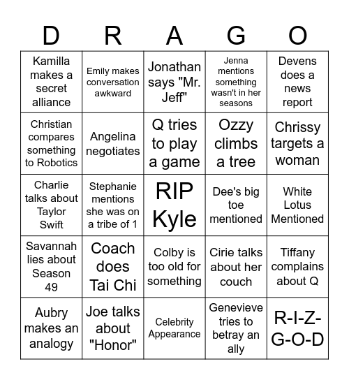 Survivor 50 Premiere Bingo Card