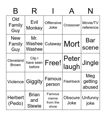 Family Guy Bingo Card