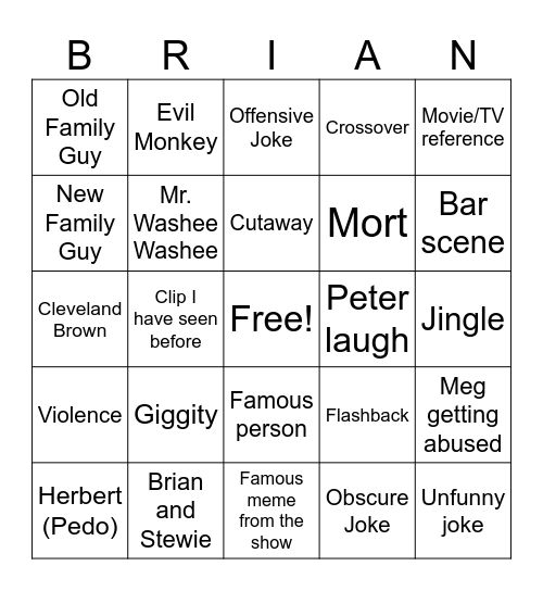 Family Guy Bingo Card