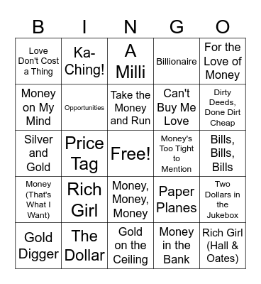SONGS ABOUT $$$ Bingo Card