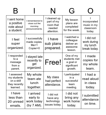 Certified Staff Pre-Spring Break BINGO Card