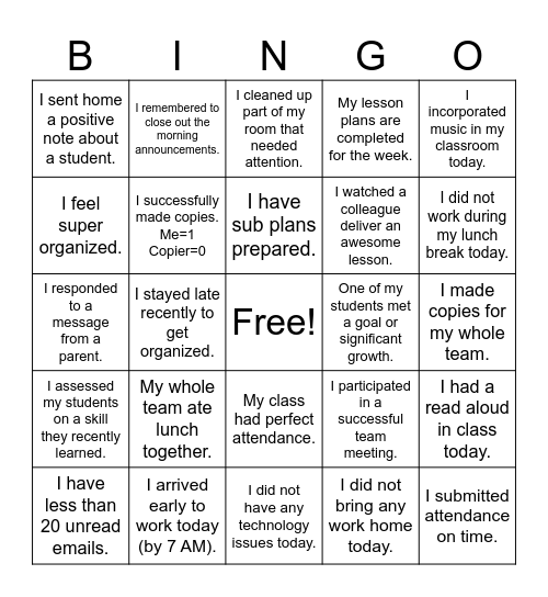 Certified Staff Pre-Spring Break BINGO Card