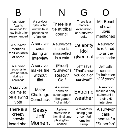 Survivor Bingo Card