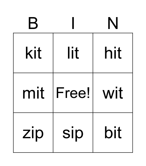 cvc "i" words Bingo Card