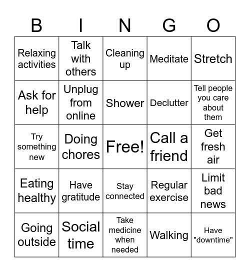 Caring for yourself Bingo Card