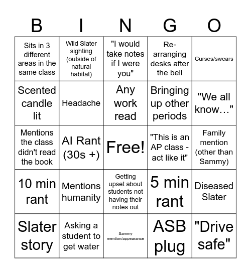 Slater Bingo Card