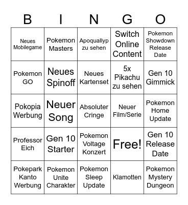 Pokémon Presents Bingo Card