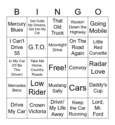SONGS ABOUT CARS & TRAVEL Bingo Card