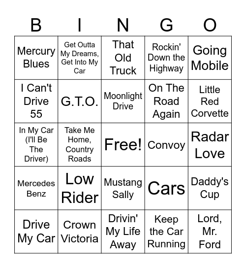 SONGS ABOUT CARS & TRAVEL Bingo Card