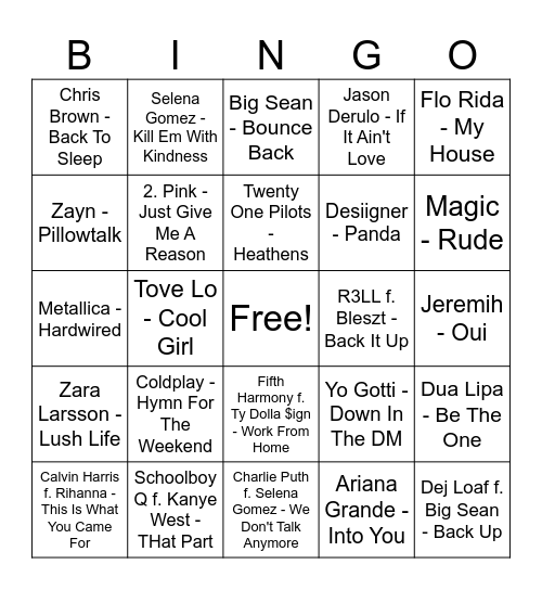 2016 HIT SONGS! Bingo Card