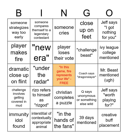 SURVIVOR 50 Bingo Card