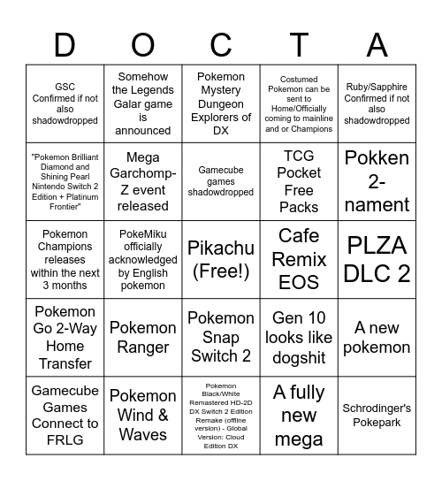 Pokemon Presents 26 Bingo Card