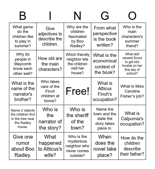 TKAM : First chapters Bingo Card