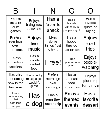 Get To Know You Bingo Card