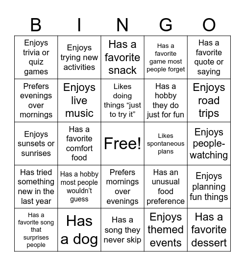 Get To Know You Bingo Card