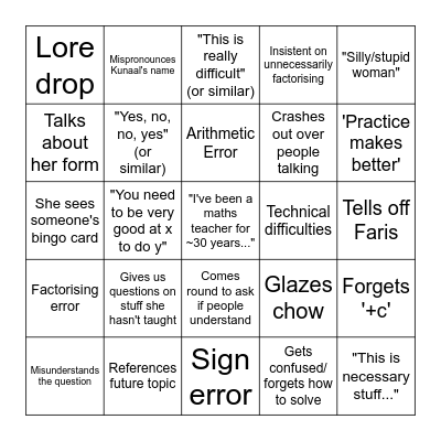 Miss Allen Bingo Card