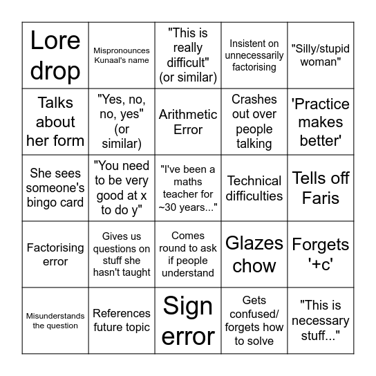 Miss Allen Bingo Card
