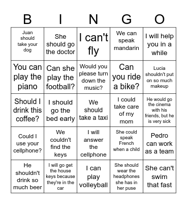 Modal verbs Bingo Card