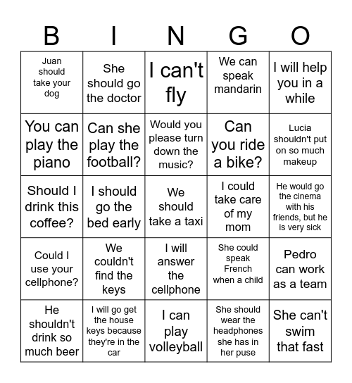 Modal verbs Bingo Card