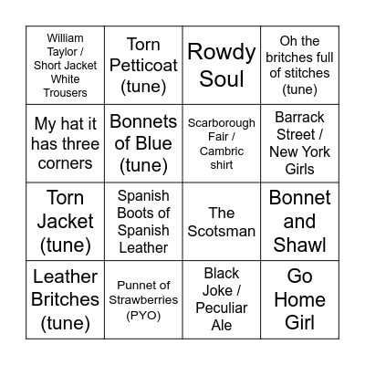 Clothing Session Bingo Card