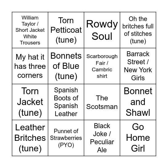 Clothing Session Bingo Card