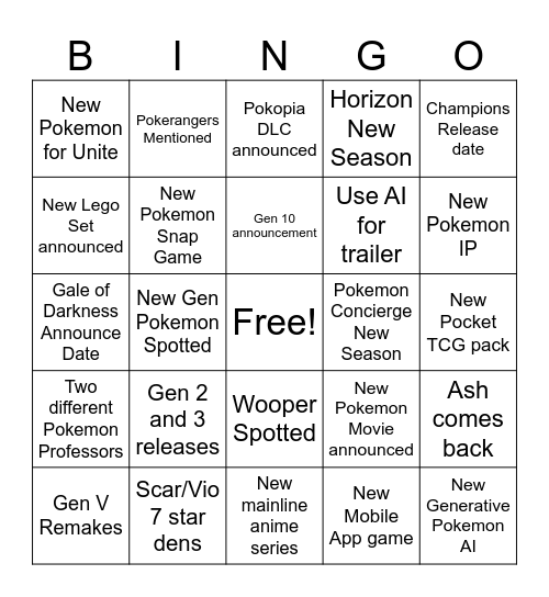 Pokemon Direct Bingo Card