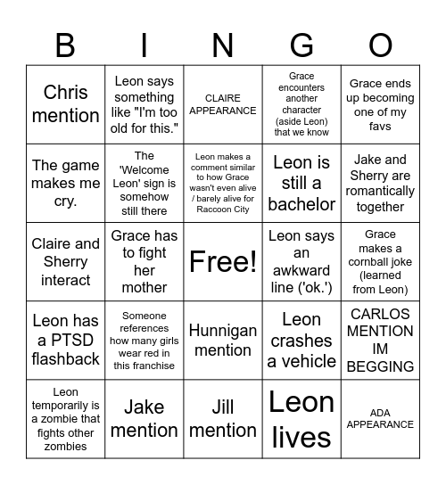Resident Evil 9 Requiem Bingo Card