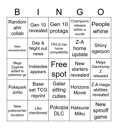Pokemon Day Bingo Card