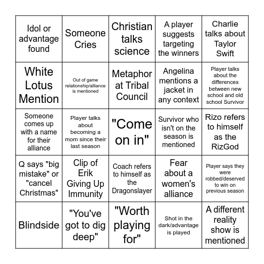 Survivor 50 Premiere Bingo Card