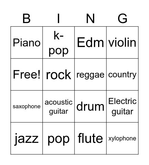 Music genres and instruments Bingo Card