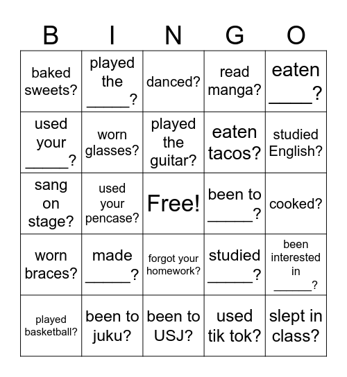 Hane you ever _____? Bingo Card