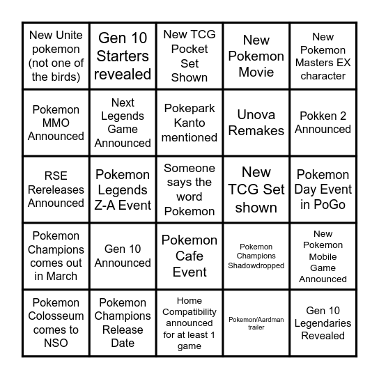 Pokemon Day BINGO Card