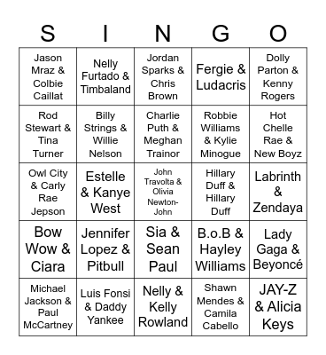 Duet Singo Bingo Card