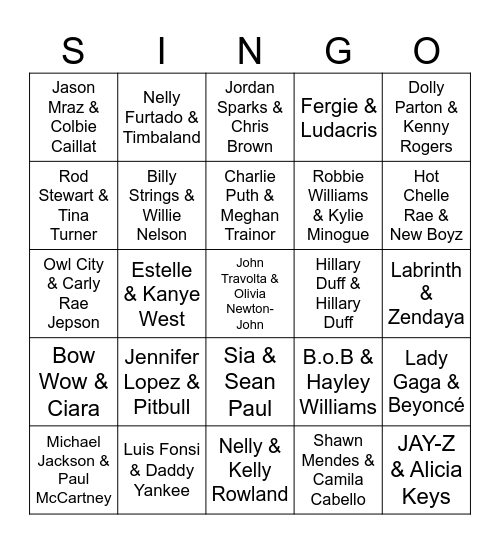 Duet Singo Bingo Card