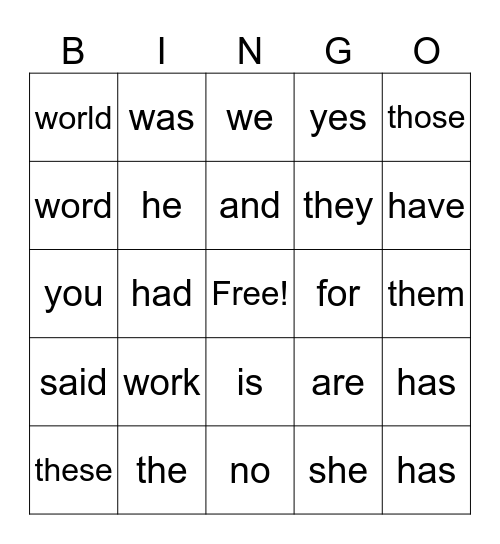SIGHT WORD BINGO Card